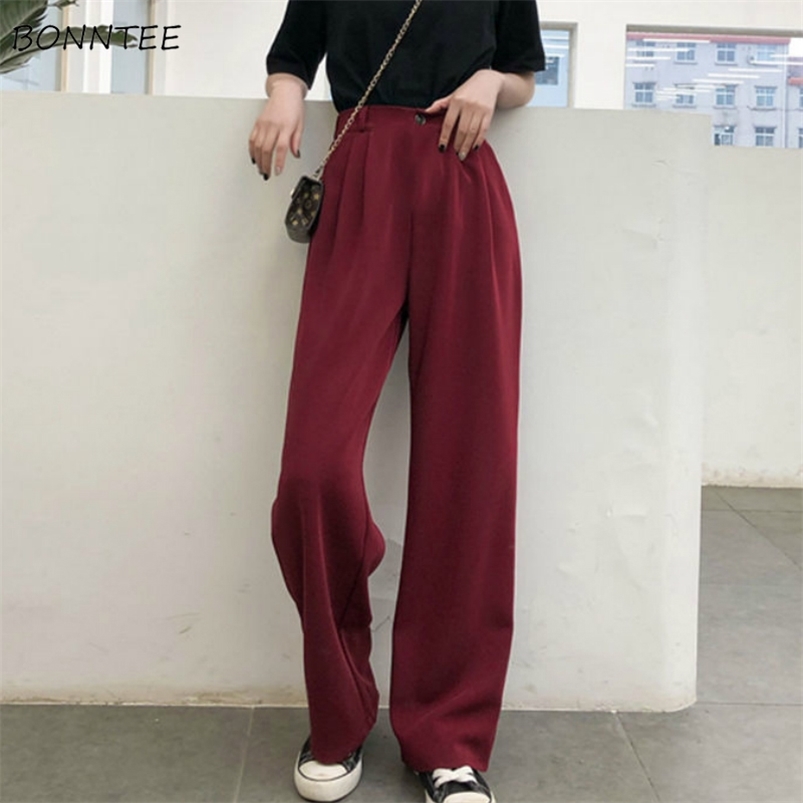 Women's Pants Capris Casual Pants Women Vintage Pure Burgundy Office Lady Long Trousers Summer Soft Elegant Pockets Minimalist Femme Chic Streetw