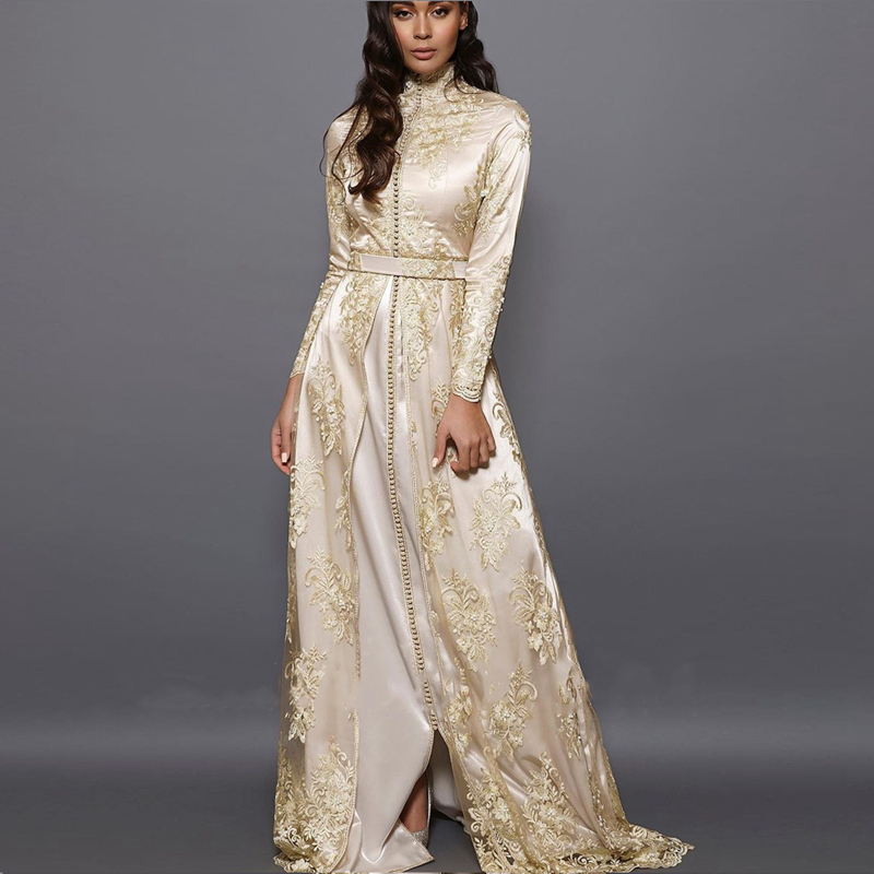 2022 Moroccan Caftan Lace Evening Dresses A Line Long Sleeve High Neck Special Occasion Prom Party Gowns Arabic Dubai Muslim Elegant Floor Length Form