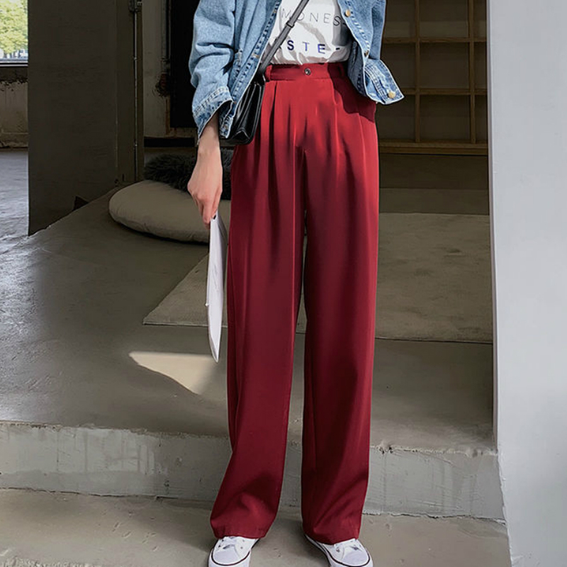 Women's Pants Capris Casual Pants Women Vintage Pure Burgundy Office Lady Long Trousers Summer Soft Elegant Pockets Minimalist Femme Chic Streetw