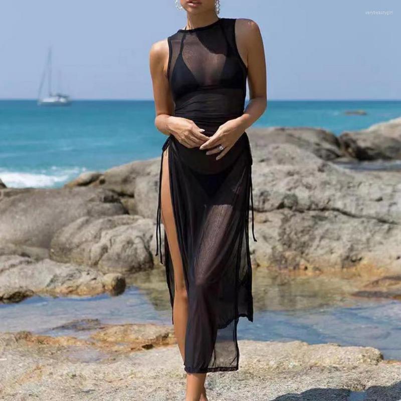 Women' Swimwear O-neck Side High Split Shirring Cover Up Dress Women Mesh Transparent Sleeveless Sunscreen For Vacation, Black
Women' Swimwear O-neck Side High Split Shirring Cover Up Dress Women Mesh Transparent Sleeveless Sunscreen For Vacation, Black