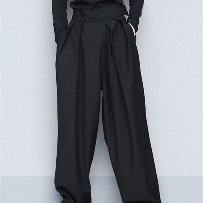 Women's Pants Capris EAM High Waist Black Brief Pleated Long Wide Leg Trousers Loose Fit Pants Women Fashion Spring Autumn 1S399 220916