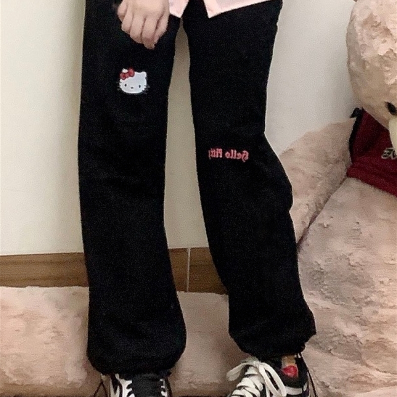 Women's Pants Capris QWEEK Kawaii Jogging Sweatpants Women Harajuku Oversize Cartoon Print Black Joggers Sports Pants Soft Girl Style Trousers Fe