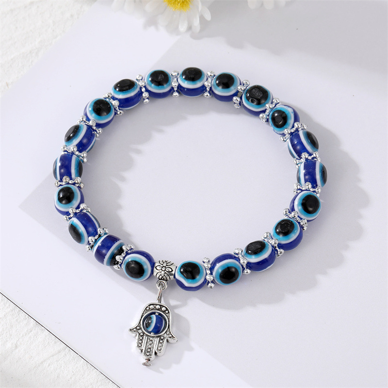 Classic Blue Evil Eyes Palm Butterfly Pendant Bracelet Wishing Elastic Rope Chain Resin Beads Bracelet For Women Jewelry Gift