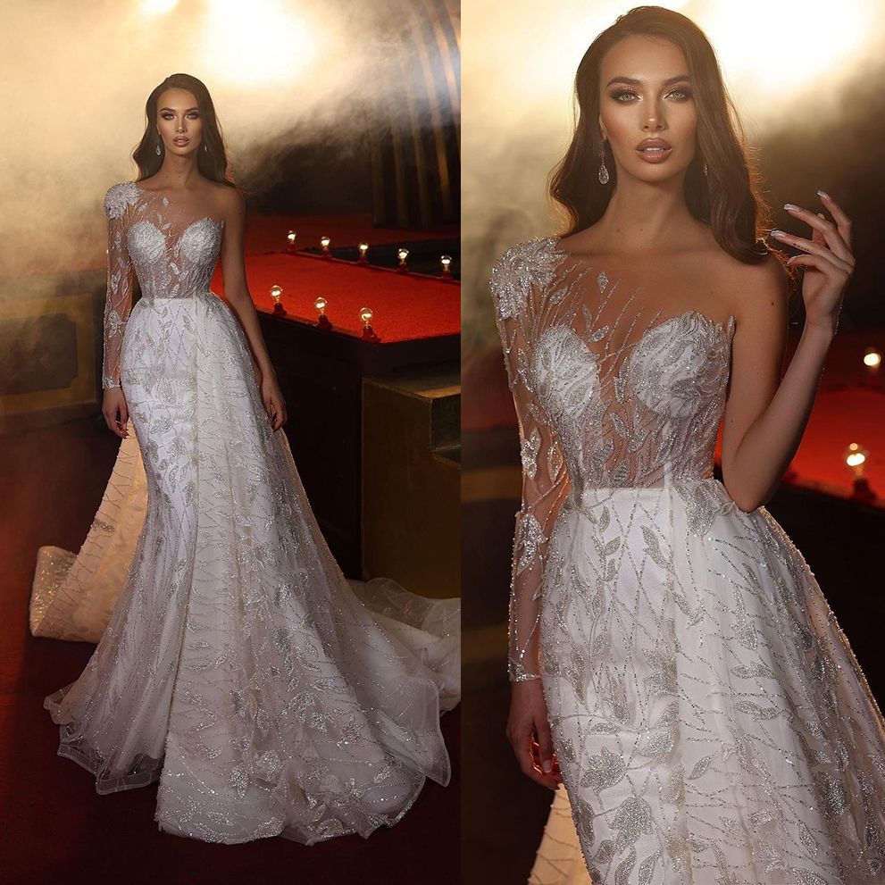 Elegant Illusion Mermaid Wedding Dress One Shoulder Shiny Trumpet Bridal Gowns Detachable TrainRobe De Soiree