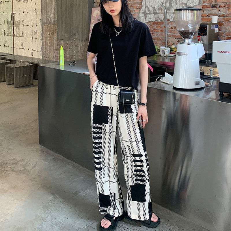 Women's Pants Capris Korobov Women High Waist Wide Leg Pants Korean Streetwear Hit Color Plaid Striped Patchwork Trousers Vintage OL Pants 220916
