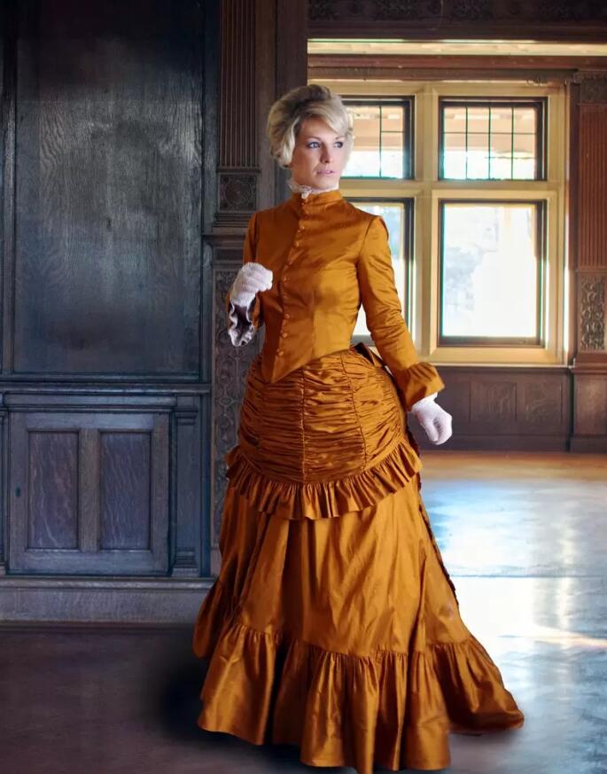 Victorian Dupioni Bustle Evening Dresses 1920s Long Sleeves Floor Length Taffeta High Collar Women Formal Prom Party Gowns Pleats Gothic Masquerade Dr