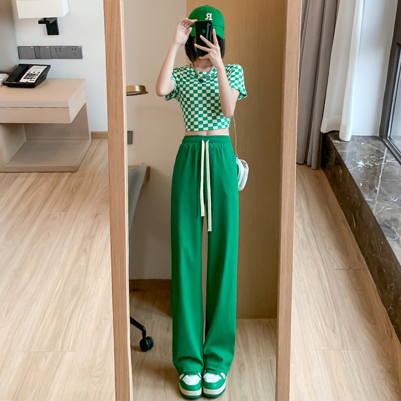 Women's Pants Capris Black Elastic Pockets Drape Ice Silk Wide-Leg Pants Women's Summer Thin Drawstring High Waist Slim Loose Mopping Trouse