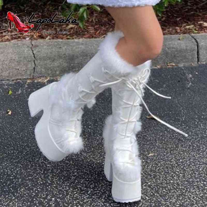 Boots Lapolaka 2022 Fashion Waterproof Platform High Heel Knee High Boots Lace Keep Warm The Winter Goth Punk Women Shoes T220915