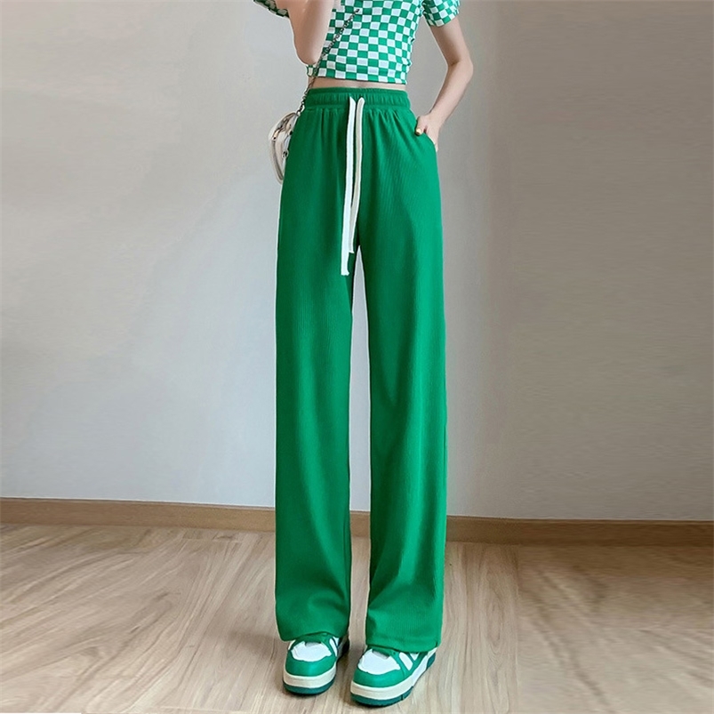 Women's Pants Capris Black Elastic Pockets Drape Ice Silk Wide-Leg Pants Women's Summer Thin Drawstring High Waist Slim Loose Mopping Trouse