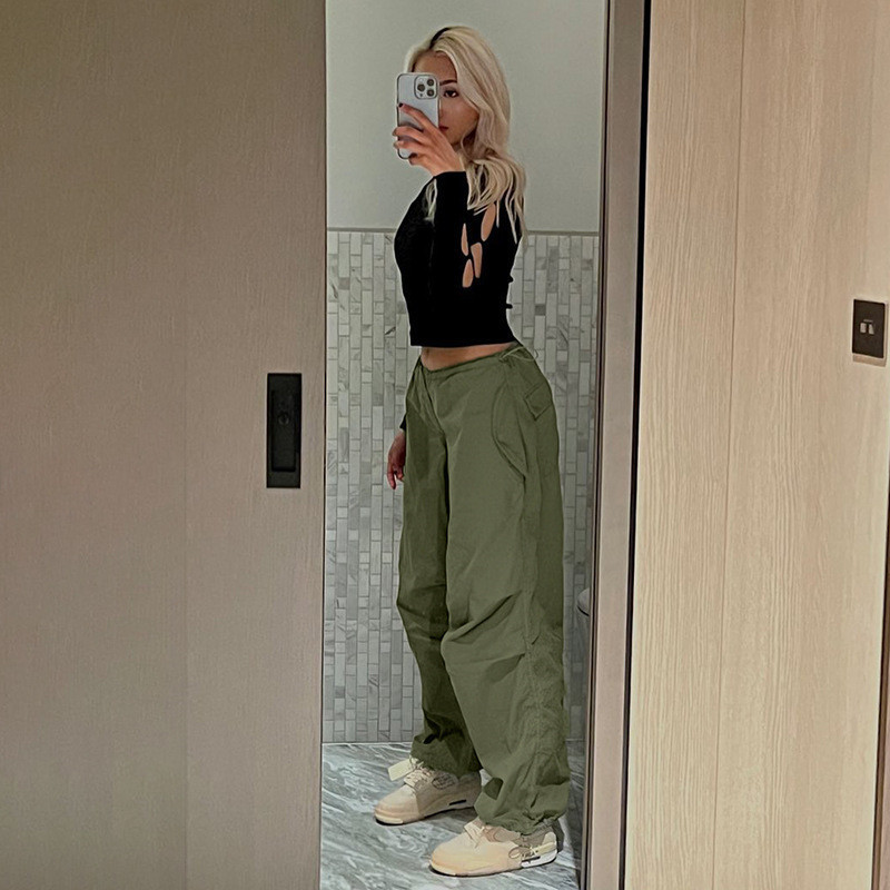 Women's Pants Capris Casual Women Trousers Solid Loose Drawstring Low Waist Streetwear Joggers Baggy Wide Leg Sweatpants Female Hippie Cargo Pant