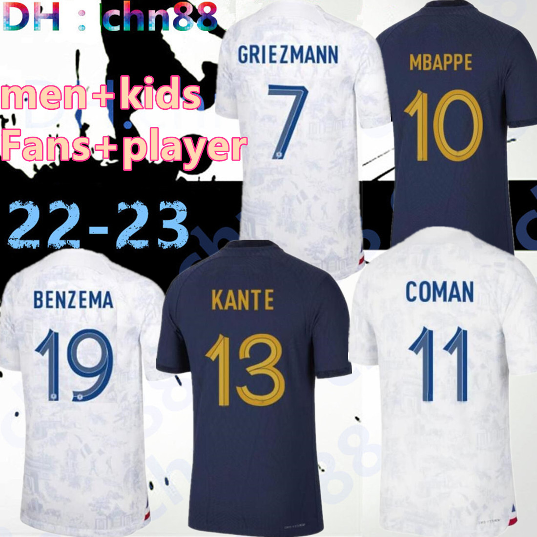 

22 23 BENZEMA MBAPPE GRIEZMANN soccer jersey French KANTE POGBA ZIDANE GIROUD MATUIDI Kimpembe VARANE PAVARO Maillot de football shirt Men kids kit Set fans player, 2022 away