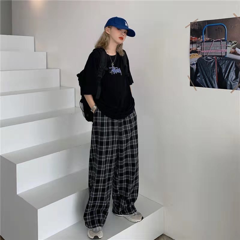 Women's Pants Capris drop Harajuku Plaid For Women Trousers Streetwear Loose Wide Leg Summer Ladies Causal Oversize 220916 Z260314