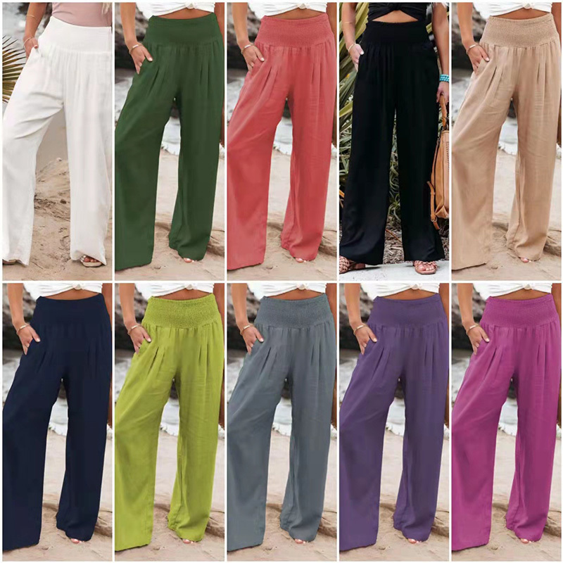 Women's Wide Leg En Blend Pants Casual Loose Summer Trousers With Pockets - White, Khaki, Black, Gray, Purple, Green, Orange Navy Blue, Rose Red,