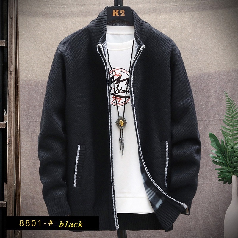 Men's Wool Blends Men's Stand-up Collar Sweater Large Size Loose Cardigan Jacket Casual Autumn And Winter Plus Velvet Thick Warm Knitted Swe