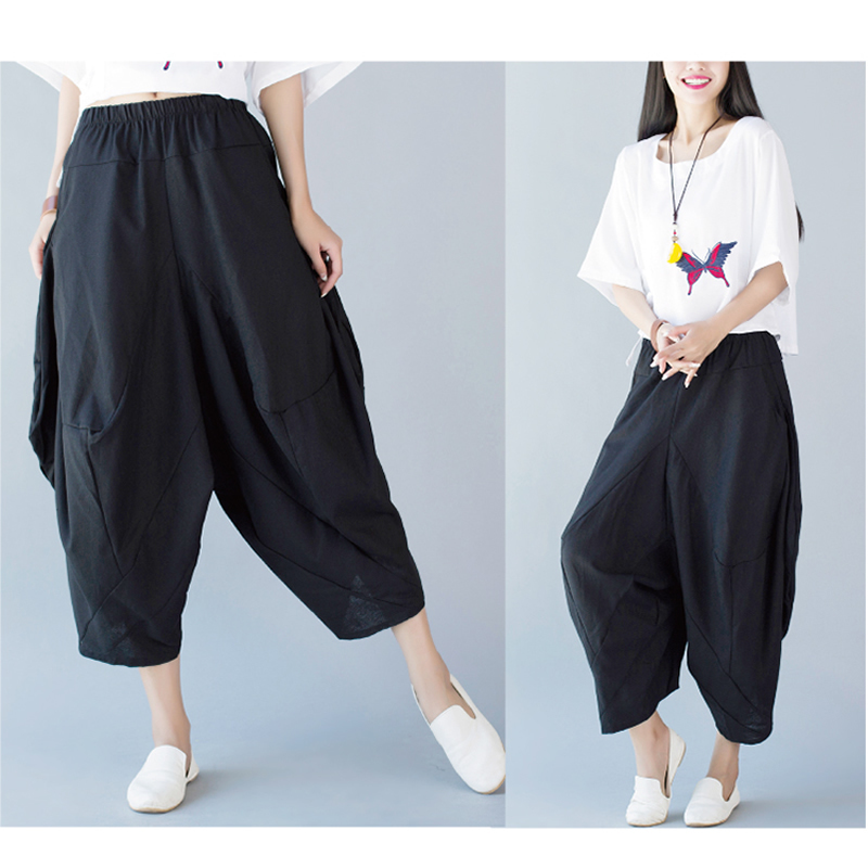 Women's Capris Wide Leg Harem Trousers Chinese Style Streetwear Women Ethnic Vintage Elastic Waist Loose Long Cotton Linen Pants 220916 Z260314