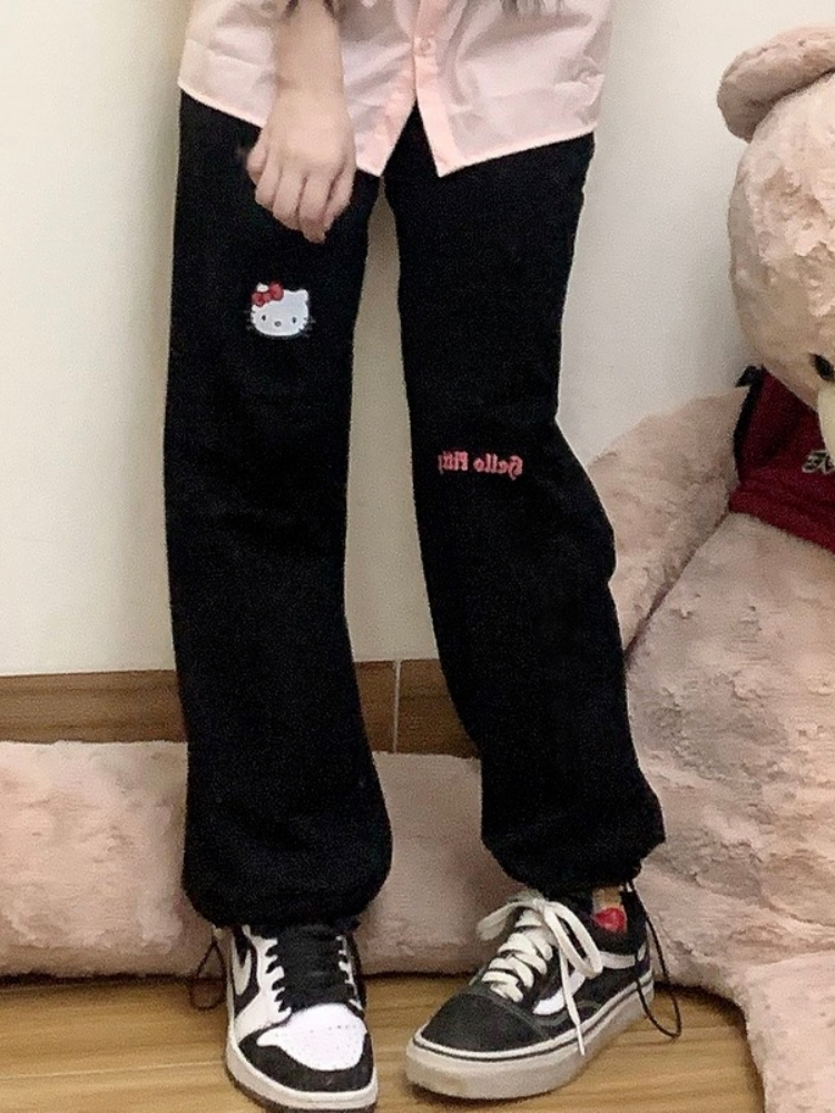 Women's Pants Capris QWEEK Kawaii Jogging Sweatpants Women Harajuku Oversize Cartoon Print Black Joggers Sports Pants Soft Girl Style Trousers Fe