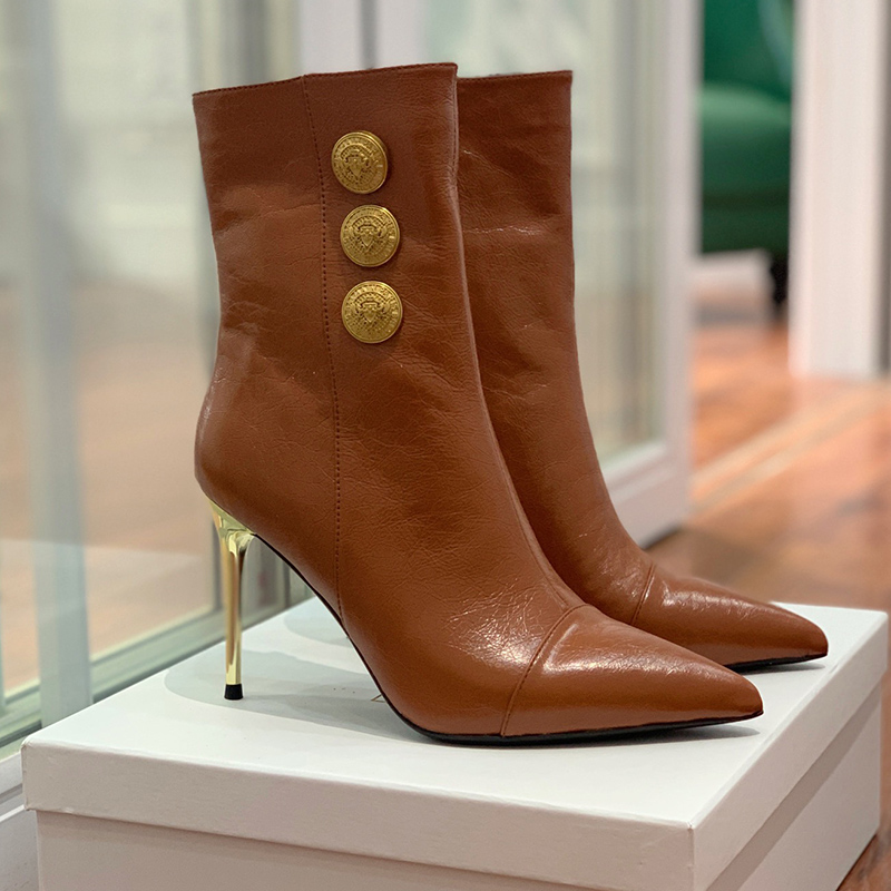 Pointed Toes Ankle boots for Womens shoe Fashion Metal round buttons stiletto heel designer Boots Cowskin Cashmere shoes 10.5CM High heeled Combat boot 35-42
