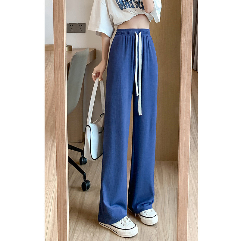 Women's Pants Capris Black Elastic Pockets Drape Ice Silk Wide-Leg Pants Women's Summer Thin Drawstring High Waist Slim Loose Mopping Trouse