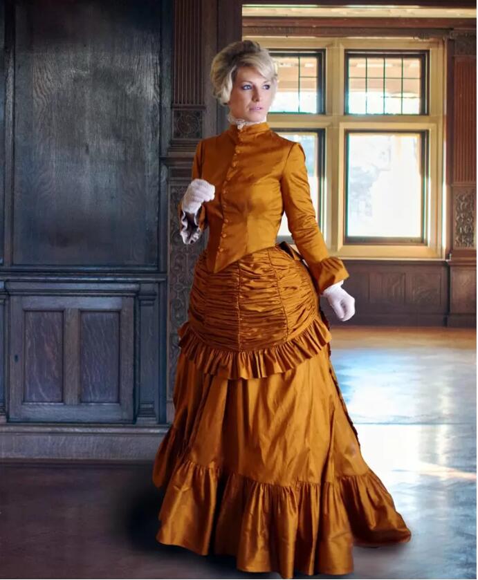 Victorian Dupioni Bustle Evening Dresses 1920s Long Sleeves Floor Length Taffeta High Collar Women Formal Prom Party Gowns Pleats Gothic Masquerade Dr