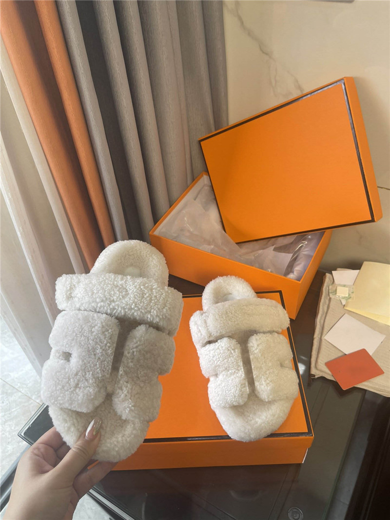 Designer Luxury Chypre White Woolskin Shearling Sandals Slides Bois De Santal With Dust Bag And Box