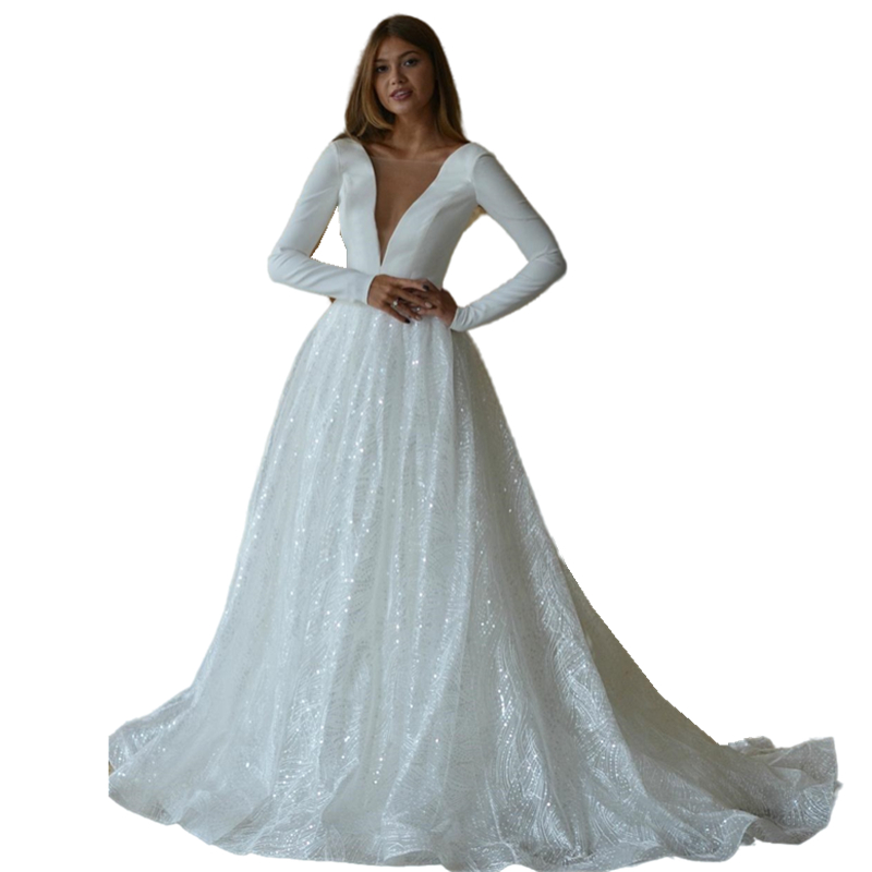 Country A Line Wedding Dresses Lace Shiny Sequins Buttons Long Sleeves Bridal Gowns Open Back Sheer V-Neck Sexy Boho Beach Bride Dress Vestido De Novi