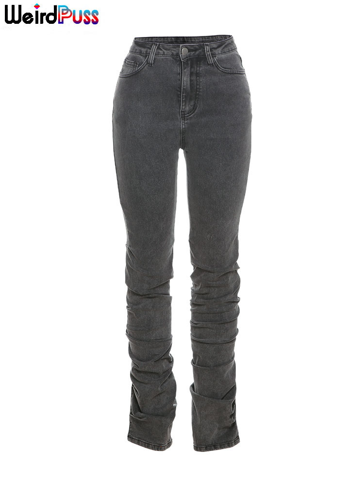 Women's Pants Capris Weird Puss Y2K Stacked High Waist Jeans Women Cotton Split Skinny Denim Pants Autumn Trend Wild Street Casual Stretch Trouse