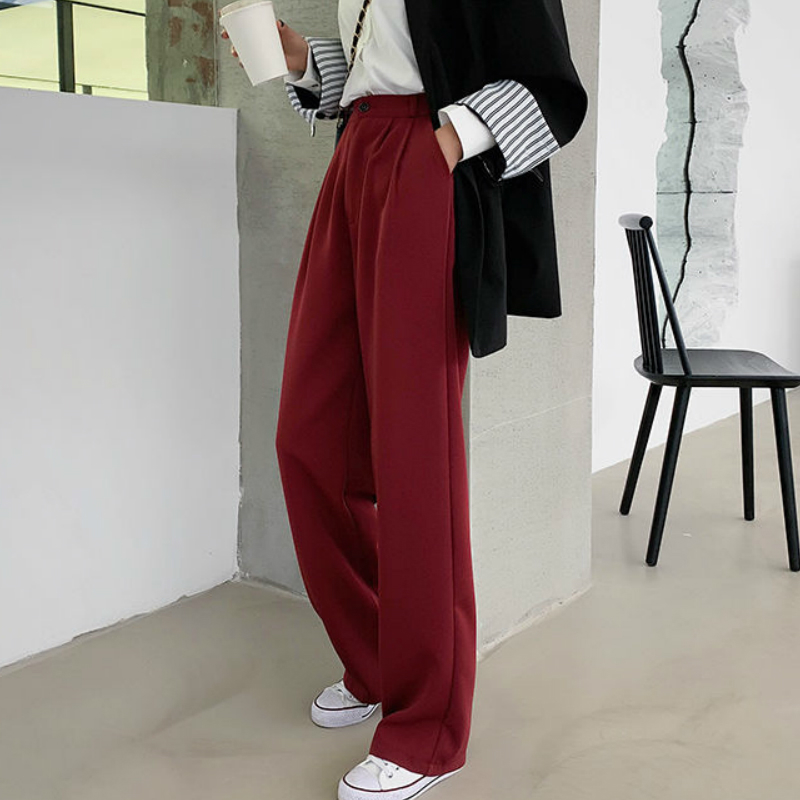 Women's Pants Capris Casual Pants Women Vintage Pure Burgundy Office Lady Long Trousers Summer Soft Elegant Pockets Minimalist Femme Chic Streetw