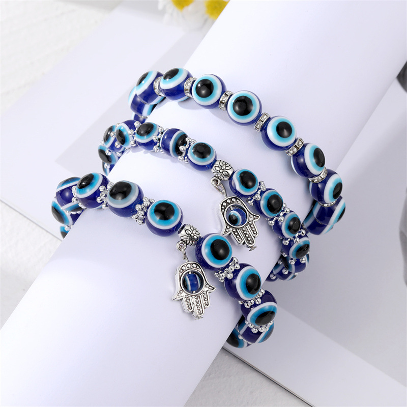 Classic Blue Evil Eyes Palm Butterfly Pendant Bracelet Wishing Elastic Rope Chain Resin Beads Bracelet For Women Jewelry Gift