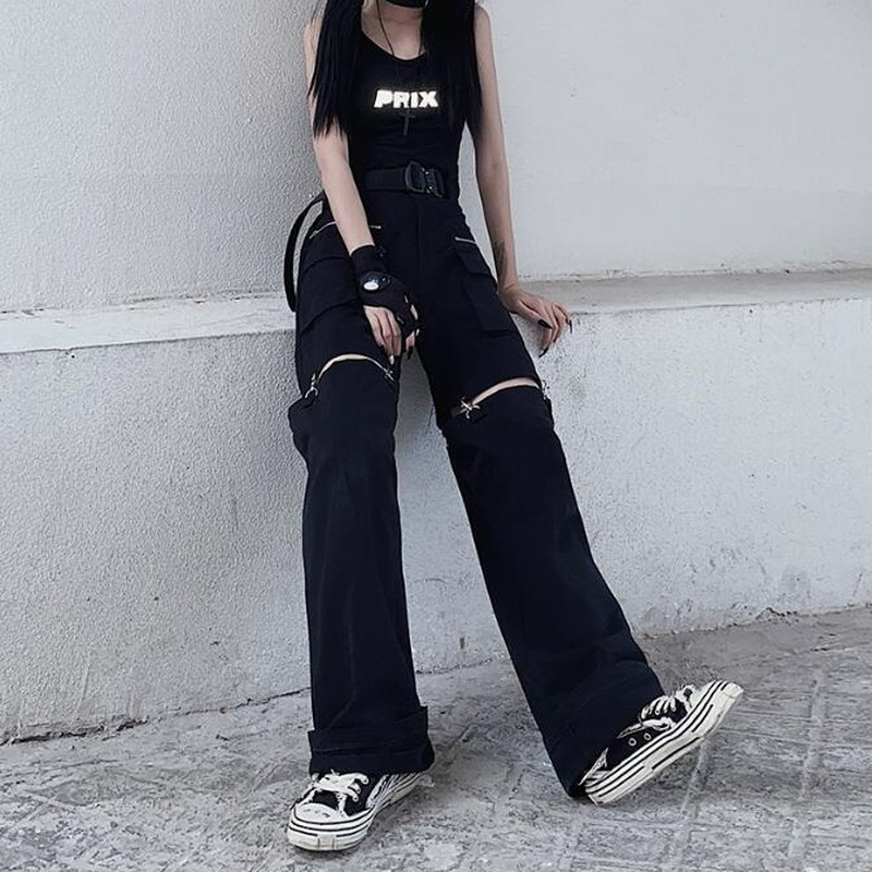 Women's Pants Capris Deeptown Gothic Techwear Emo Black Cargo Pants Women Punk Oversize Hollow Out Wide Leg Pocket Trousers for Female Goth Hip H