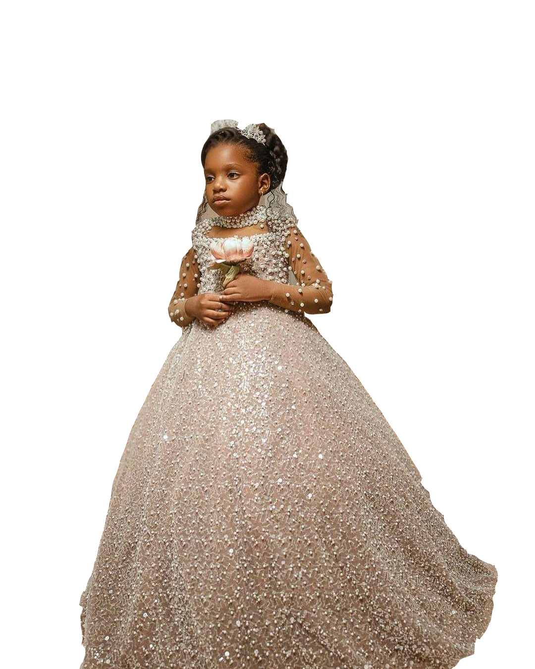 Flower Luxurious 2022 Girl Dresses Sequined Lace Pearls High Neck Long Sleeves Champagne Sequins Ball Gown Tutu Lilttle Kids Birthday Pageant Weddding