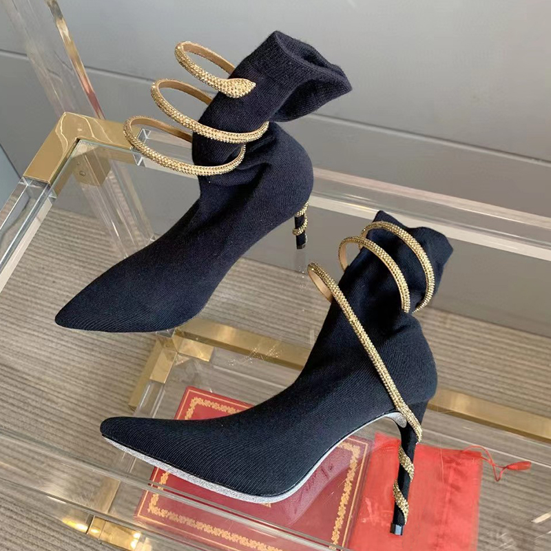 Snake shaped winding thin high heel ankle boots knitted elastic stockings pointed rhinestone decoration luxury designer women's banquet black 10CM Fashion Boots
Snake shaped winding thin high heel ankle boots knitted elastic stockings pointed rhinestone decoration luxury designer women's banquet black 10CM Fashion Boots