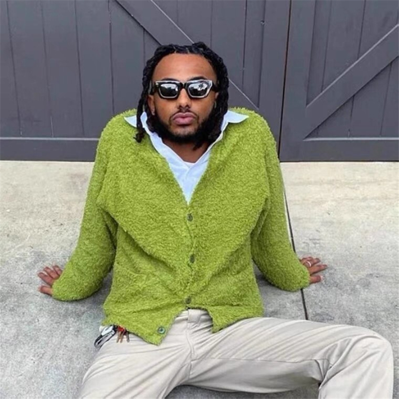 Green Cotton V-Neck Cardigan Jacket For Men & Women - Embroidered, Full Length, Street Style
