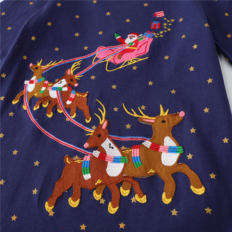 Girls Dresses Jumping Meters Christmas Girls Dresses Embroidery Deer Santa Claus Fashion Toddler Kids Clothes Selling Long Sleeve Costume 220915