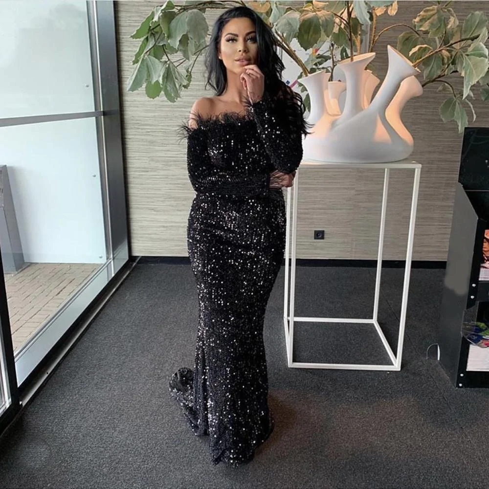 Sequined Black Lace Sexy Evening Dresses Wear Mermaid One Shoulder Long Sleeves Feather Women Party Formal Prom Gowns
