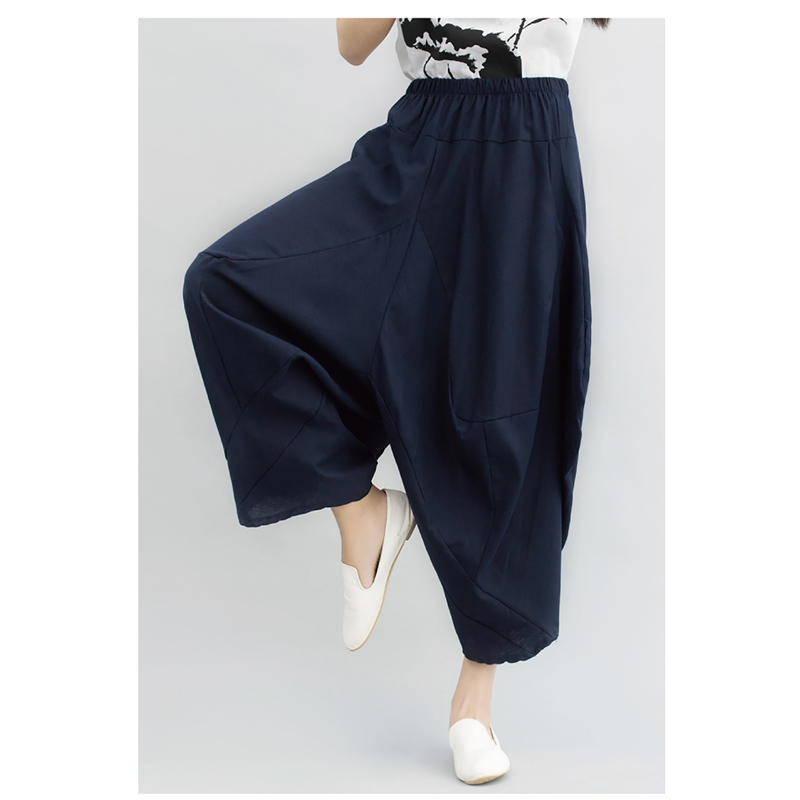 Women's Capris Wide Leg Harem Trousers Chinese Style Streetwear Women Ethnic Vintage Elastic Waist Loose Long Cotton Linen Pants 220916 Z260314