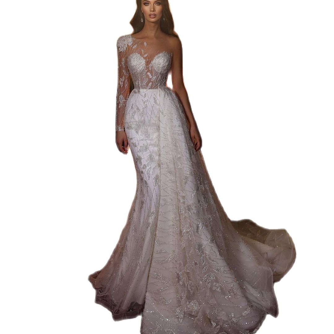 Elegant Illusion Mermaid Wedding Dress One Shoulder Shiny Trumpet Bridal Gowns Detachable TrainRobe De Soiree