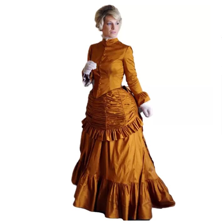 Victorian Dupioni Bustle Evening Dresses 1920s Long Sleeves Floor Length Taffeta High Collar Women Formal Prom Party Gowns Pleats Gothic Masquerade Dr