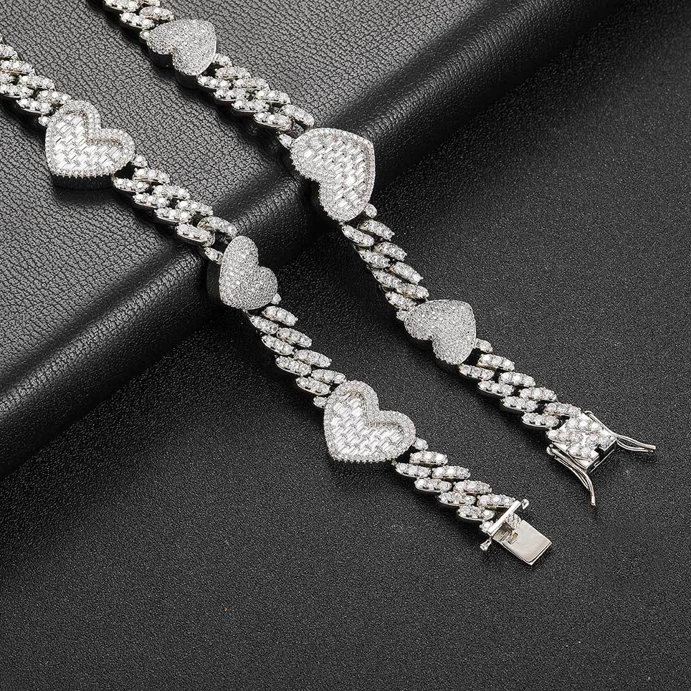 Hip Hop Tennis Chain Full Diamond Stone Heart Lover Cuban Link Lover Couple Necklace
