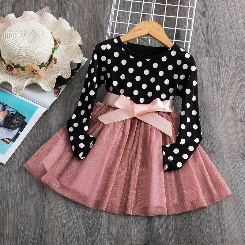 Girls Dresses Long Sleeve Dress For Girl Polka Dot Bow Kid Clothes 2 3 4 5 6 Year Baby Tutu Birthday Outfit Party Wear Summer Dress Cloth 221006