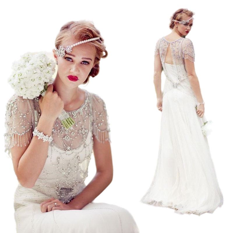 Boho Wedding Dress Great Gatsby Luxury Crystals Beaded Bridal Gowns 2022 A-Line Cap Sleeve Ivory Vintage Country Beach Bride Dresses Sexy Illusion Bac