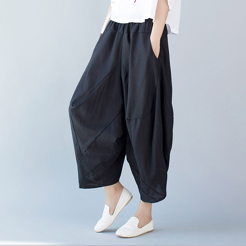 Women's Capris Wide Leg Harem Trousers Chinese Style Streetwear Women Ethnic Vintage Elastic Waist Loose Long Cotton Linen Pants 220916 Z260314