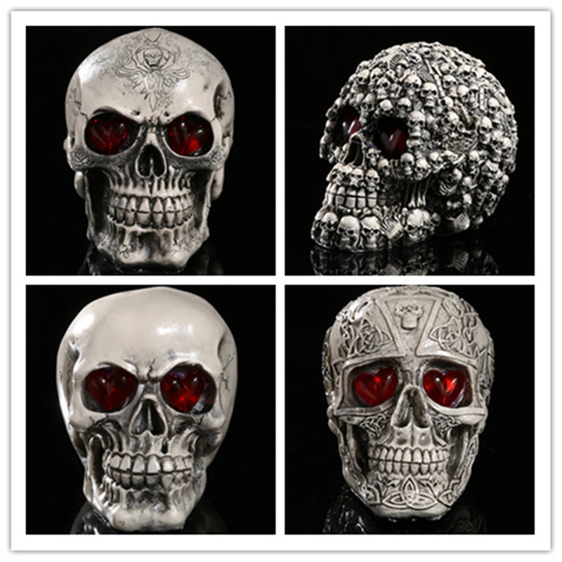 Decorative Objects Figurines Handmade LED Eyes Resin Skull Skeleton Head Statues Demon Sculpture Home Decoration Craft Halloween Decor Gift 220915