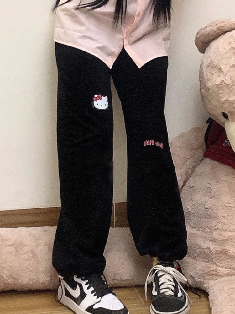 Women's Pants Capris QWEEK Kawaii Jogging Sweatpants Women Harajuku Oversize Cartoon Print Black Joggers Sports Pants Soft Girl Style Trousers Fe
