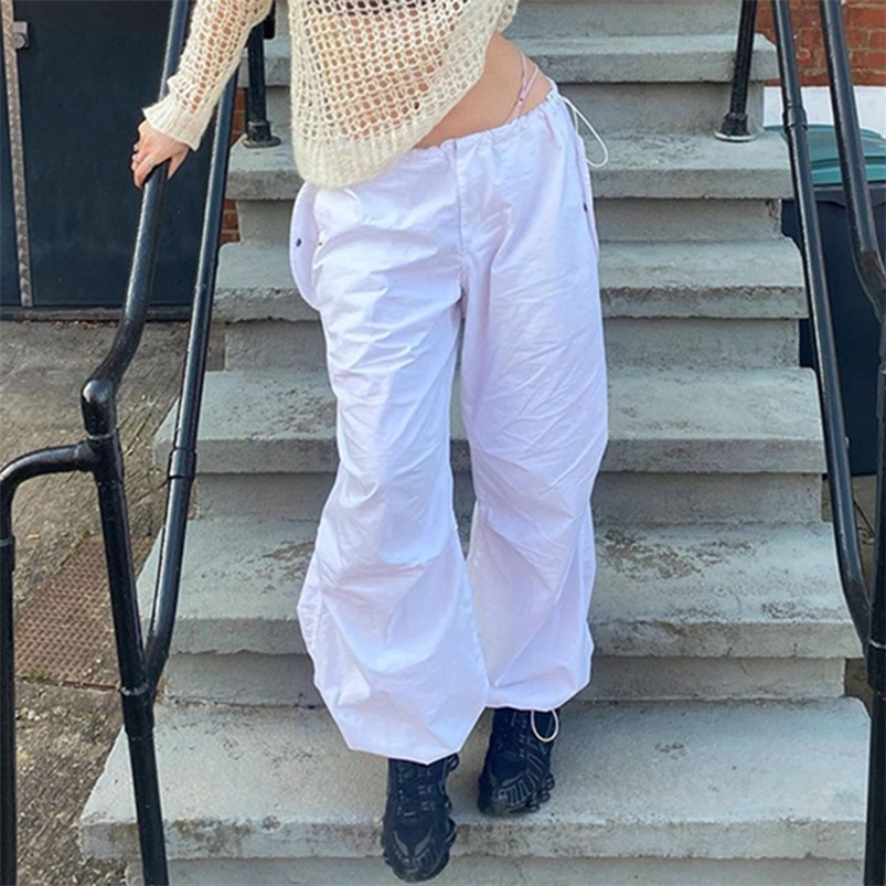 Women's Pants Capris MONMOIRA Low Waist Women Pockets Drawstring Baggy Cargo Pants Elastic Waist Cuteandpsycho Trousers Female Parachute Pant cwp
