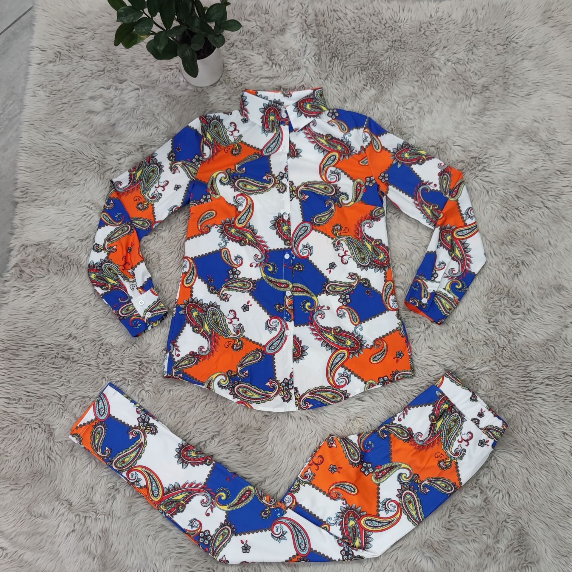 Womens Tracksuits Spring Leisure Suit Long Sleeve Print Dress Top Coat and Pant Two Piece Sets Womens Sweat Suits Women Blouse Legging Clothing