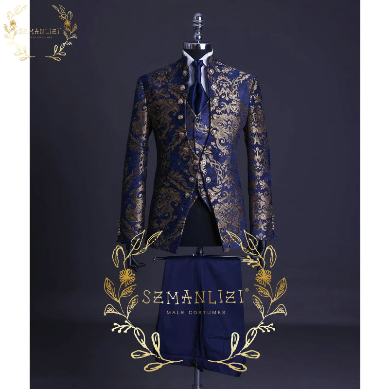 Handsome Blue Gold Floral Rim Stage Men Suit Set Stand Collar Mens Wedding Suits Formal Groom Tuxedo Costume Jacket pants vest, Same as image
Handsome Blue Gold Floral Rim Stage Men Suit Set Stand Collar Mens Wedding Suits Formal Groom Tuxedo Costume Jacket pants vest, Same as image