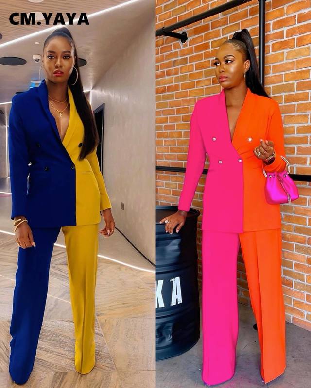 Women s Two Piece Pants CM YAYA Patchwork Office Lady Blazer Suit and Straight Matching 2 Set Outfits Women Street Tracksuit 220916