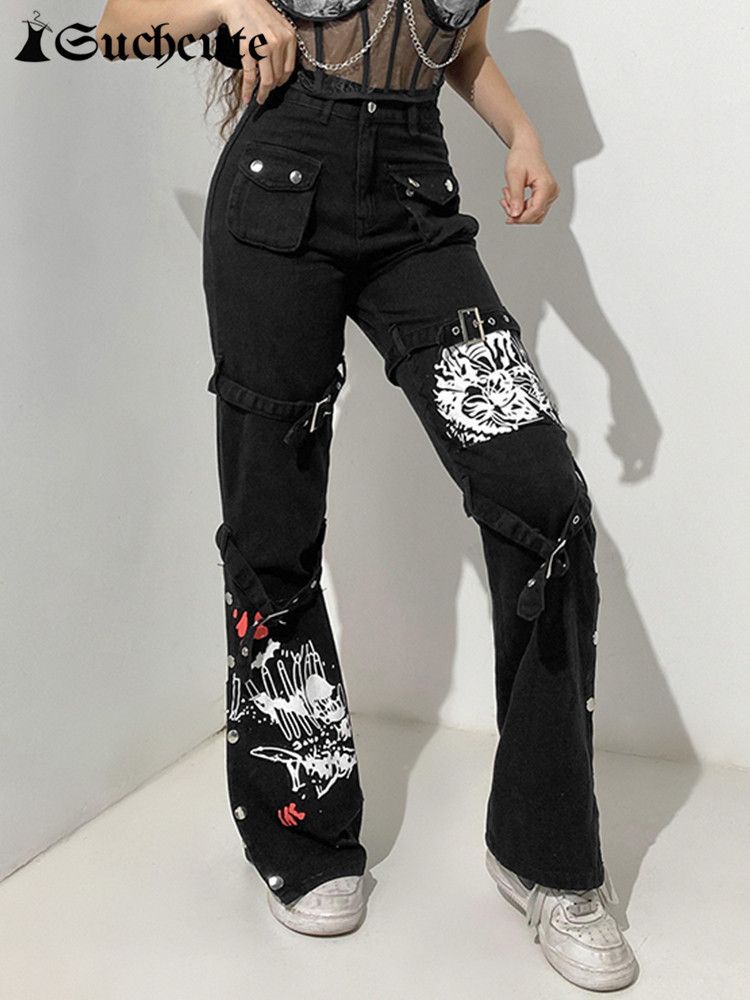 Women's Pants Capris SUCHCUTE Gothic Bandage Women Baggy Jeans Punk Style Egirl Black Denim Trousers Y2K Dark Academia Hight Waist Streetwear Pan