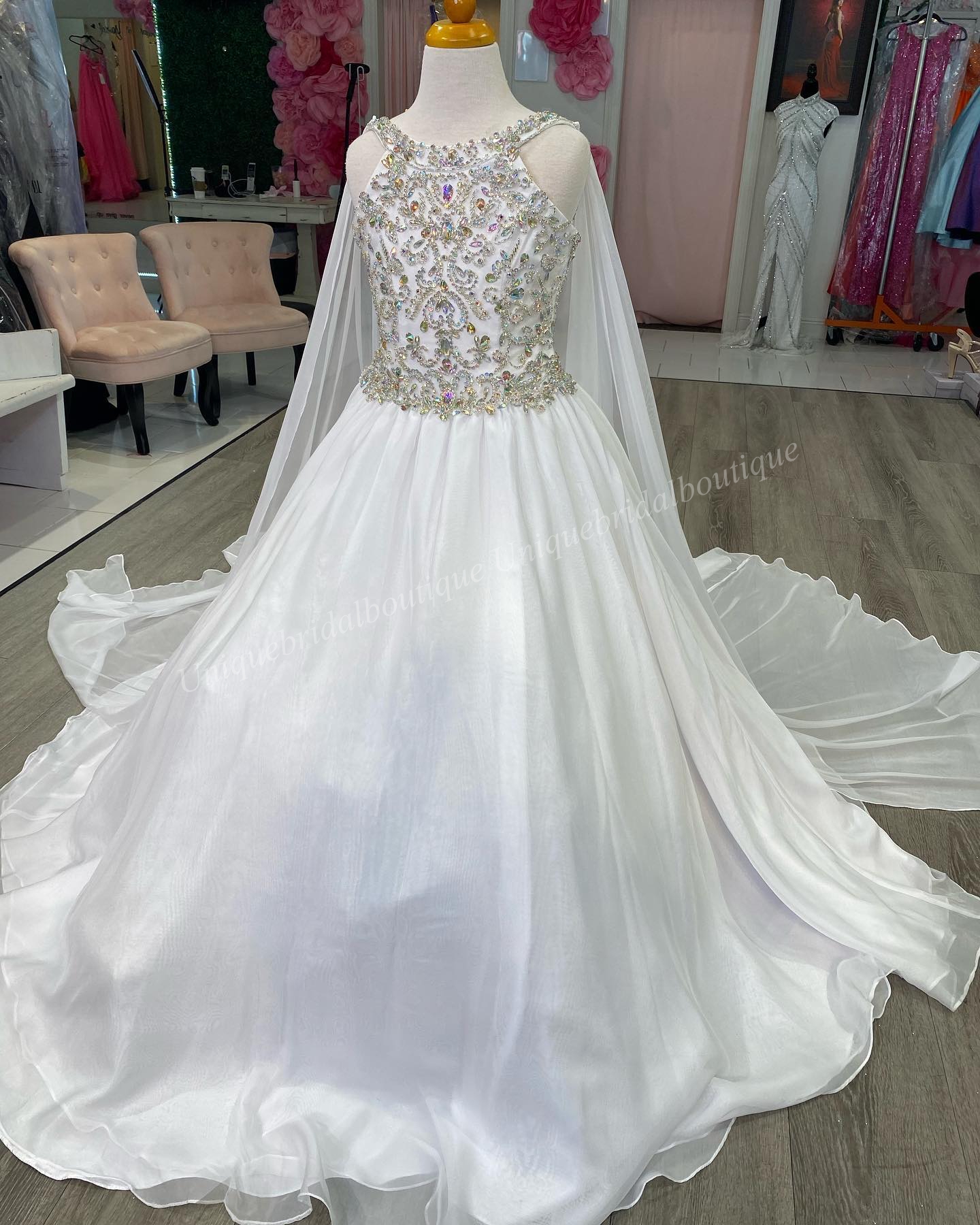 Emebellished AB Stoned Pageant Dress 2023 Chiffon Cape Ballgown Goddess Neck Little Kid Birthday Formal Party Gown Toddler Teens Preteen Sugar Orange 