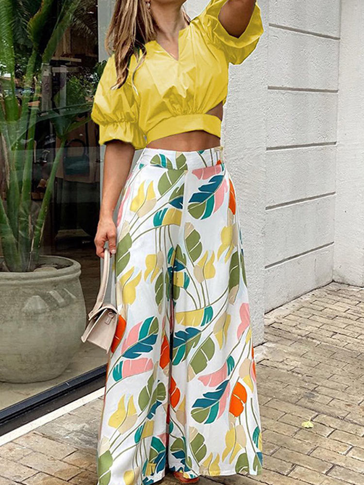 Women s Two Piece Pants V neck Women Shirt Set Crop Solid Lapel Tie Top Suits Female High Waist Printed Straight Trousers Outfit 220916